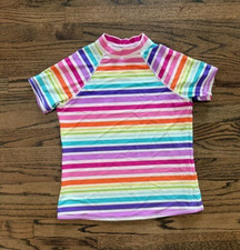 Lands End Girls Rash Guard Size 16 Rainbow Stripe Short Sleeve Swim Top
