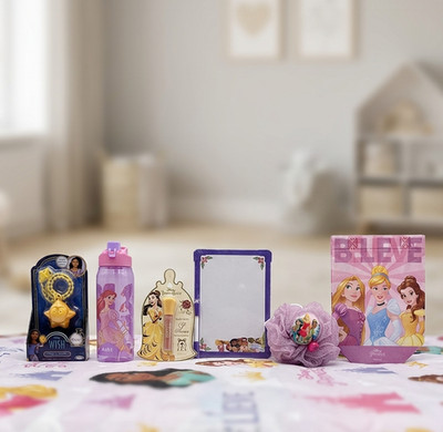 Disney Princess 6-piece Bottle Lip Gloss Bath Pouf Board Necklace Tote Set NEW