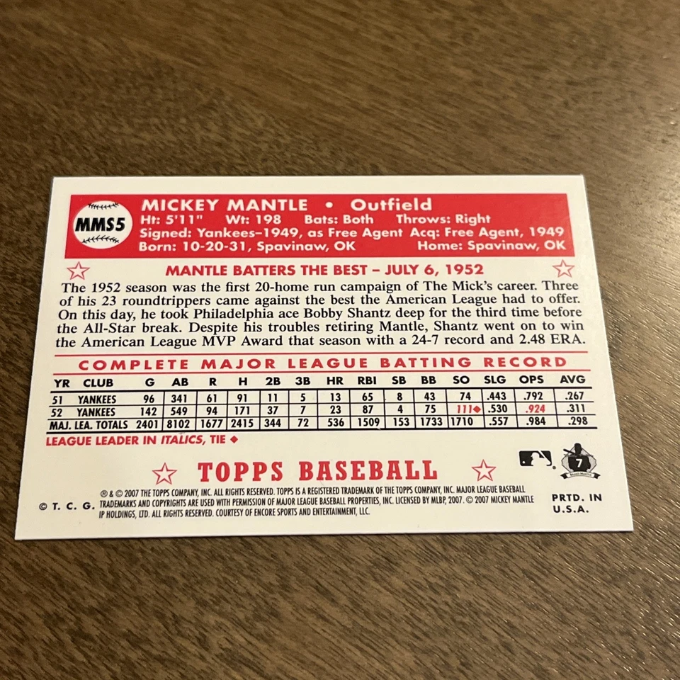 2007 Topps Baseball Mickey Mantle Story #MMS5 New York Yankees - Image 2 of 2