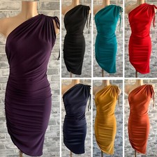 052 One Shoulder Ruched BodyCon Figure Hugging Stretchy Sexy Dress Size 10-18