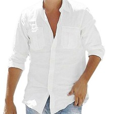 Mens Linen Style Shirts Solid Long Sleeve Casual Fit Formal Dress Tee Top Shirt