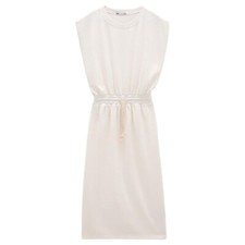 New Zara Dress Womens M Extended Shoulder Midi Tank Cinched Drawcord Waist Ivory