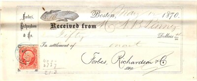 Vintage 1870 RECEIPT*FORBES, RICHARDSON & CO*Boston*Tax/Revenue Stamp (O14