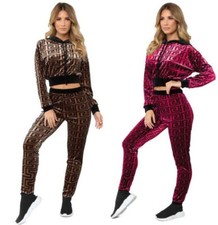 Womens Ladies Tracksuit CROPPED TOP Velour Designer Velvet Set 2 Piece Hoody