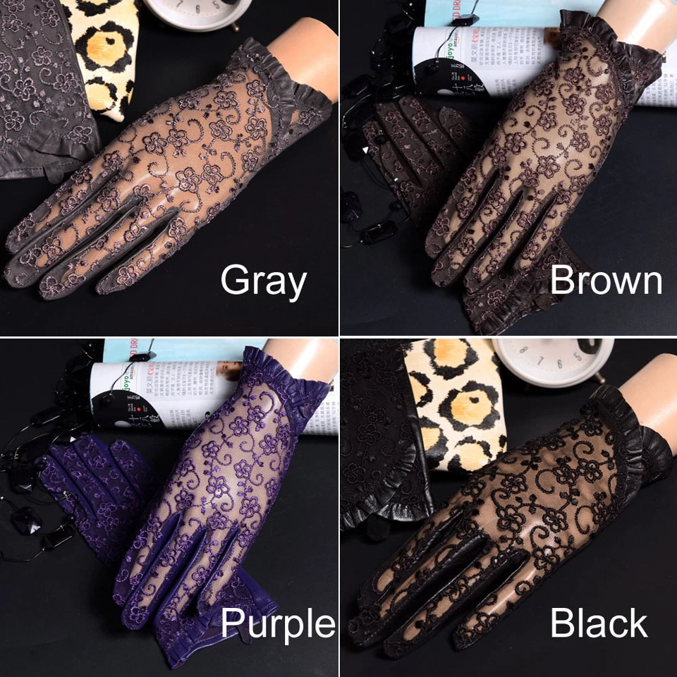 Women's Ladies Real Leather&Lace Touchscreen Unlined Fashion Sexy Short Gloves - Image 3 of 4