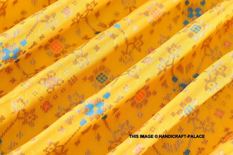 Ikat Yellow & Gold Damask Metallic Indian Design Banarasi Brocade Fabric 58" Art - Image 3 of 3