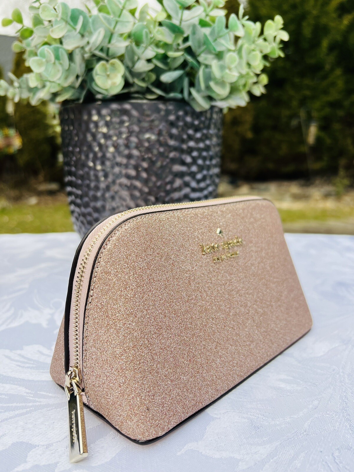 KATE SPADE TINSEL TOTE ROSE GOLD GLITTER + Phone Wallet + Cosmetic Case