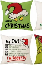 2- Dr. Suess Grinch Merry Christmas & My Day Linen Pillow Covers 17.5x17.5 UMclr