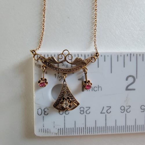 10K Victorian Filigree Diamond Ruby Pendant 16" Necklace Yellow Gold, 3 Grams - Picture 11 of 18