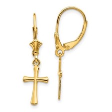 Solid 14K Yellow Gold Cross Earrings- 30mm x 8mm Leverback Earrings - TF1924