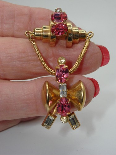 VINTAGE 1940'S RETRO GOLD TONE FOILED PINK RHINESTONE PIN/BROOCH OR PENDANT!  - Picture 3 of 7