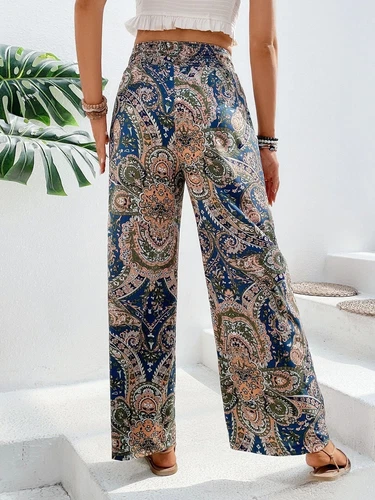 Damen Sommer Mode Blume Elastische Taille Weites Bein Hose- - Bild 13 von 29