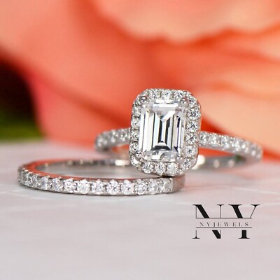 Moissanite Bridal Set Engagement Ring Solid 14K White Gold 2.50 CT Emerald Cut