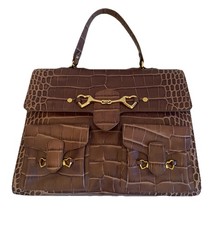 Rare Vintage Moschino Brown Croc-Embossed Leather Briefcase Bag Heart Hardware