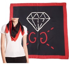 GUCCI SCARF LOGO DIAMOND PRINT BLACK SILK RED BORDER SQUARE 35.4"
