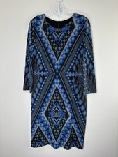Karen Kane Dress XL Geometric Print 3/4 Sleeves Zipper Back Black/Blues