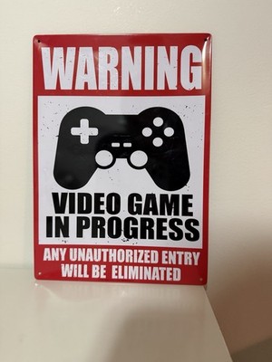 Warning Gaming In Progress Metal Sign 8  Red Rectangle Hanging Gamer