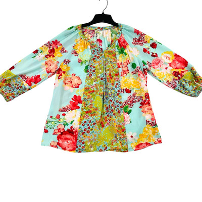 Fig And Flower Blouse Women Small Floral 3/4 Sleeve Boho Peasant Popover Shirt