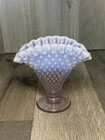 Vintage Fenton Purple Opalescent Hobnail Glass Fan Vase
