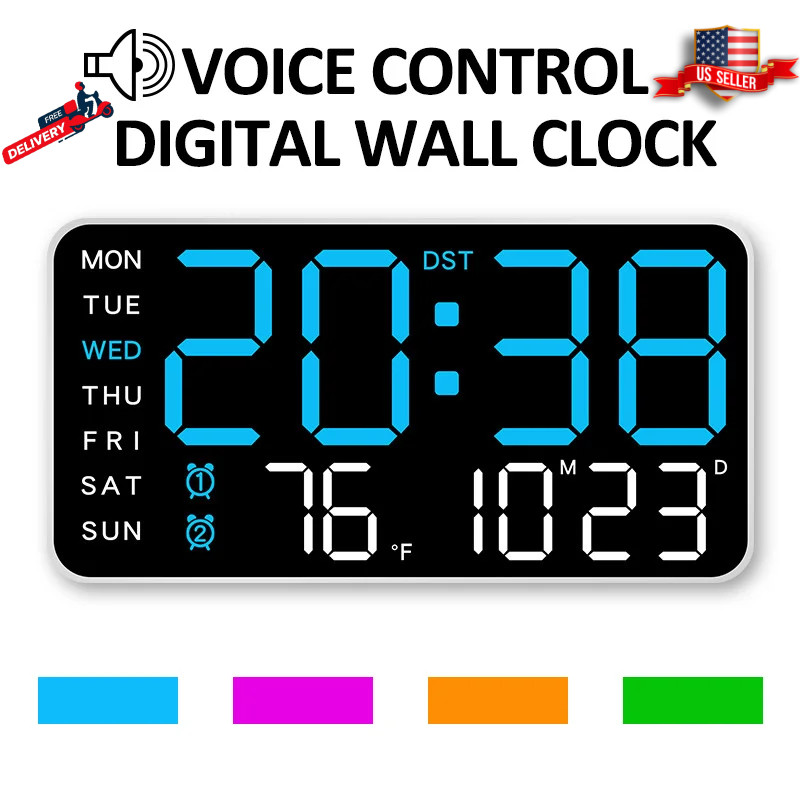 LED Wall Mounted Clock Large Digital Display Temp Date Week Dual Alarm Remote