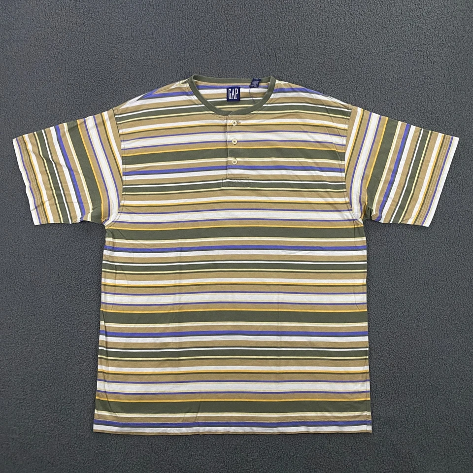 Camiseta De Colección Y2K Gap Henley Para Hombres XL Manga Corta Algodón Rayas Surf Skate Foto 2 de 4