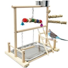 Bird Playground Natural Wood Parrot Play Gym Playstand Wooden Parakeet Plaype...