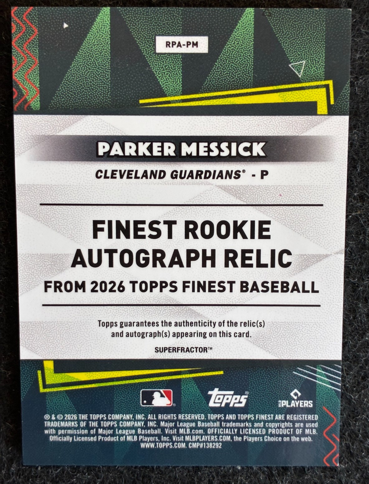 2026 Topps Finest SUPERFRACTOR 1/1 RPA - Parker Messick Patch Auto Guardians view 2
