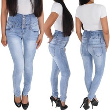 Damen High Waist Corsagen Jeans Skinny Slim Fit Röhrenjeans Hochbund Hose Blau
