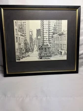 Martin Tang San Francisco Trolley Scene. Signed & Framed 14.75" x 11.75"