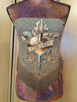 Glitzer Festival Knoten Fransen Top S 36 Shirt Vintage Bauchfrei Rückenfrei