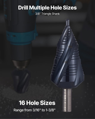 VEVOR Step Drill Bit 3/16 to 1-3/8 in High Speed Steel 3/8 in Triangular Shank