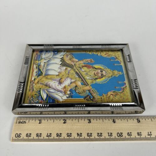 Antique Vintage Old Print Hindu Religious Goddess Saraswati Framed Wall Gold - Picture 9 of 9