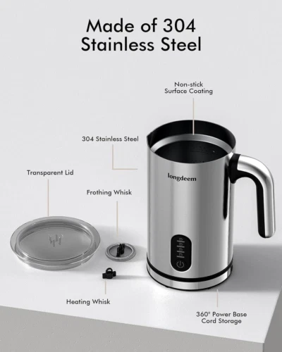 Milk Frother, 4-in-1 Electric Foamer with Cold & Hot Froth for Silver