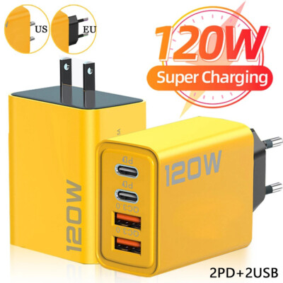 120W Super Fast Charger Adapter 4 Ports with Protection PD Type C USB EU/US Plug
