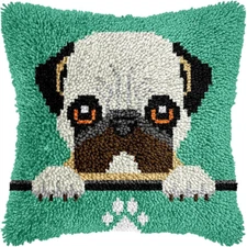 Pug Puppy Latch Hook Kits for Adults Kids, Beginners DIY Throw Pillow Kit Pre-Pr