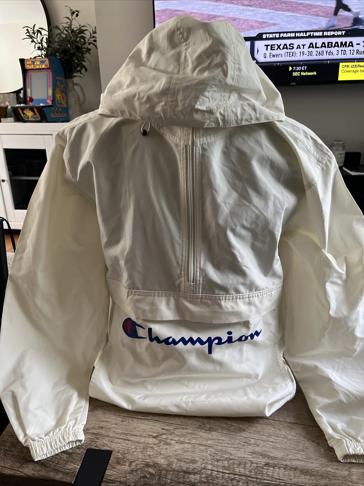 OFF WHITE Giacca a vento Champion con cappuccio bianco perla logo bianco sporco unisex taglia small