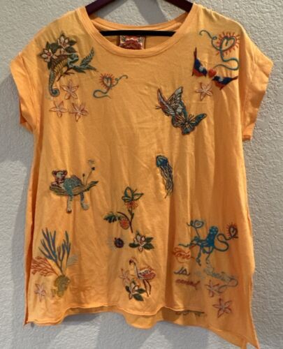 đź’•Johnny Was Zoe Relaxed T-Shirt Small Coral Embroidered Cotton Top NWT