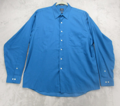 Arrow Button Up Shirt Men's XL Blue Solid Color Sateen Non-Iron Cotton Blend
