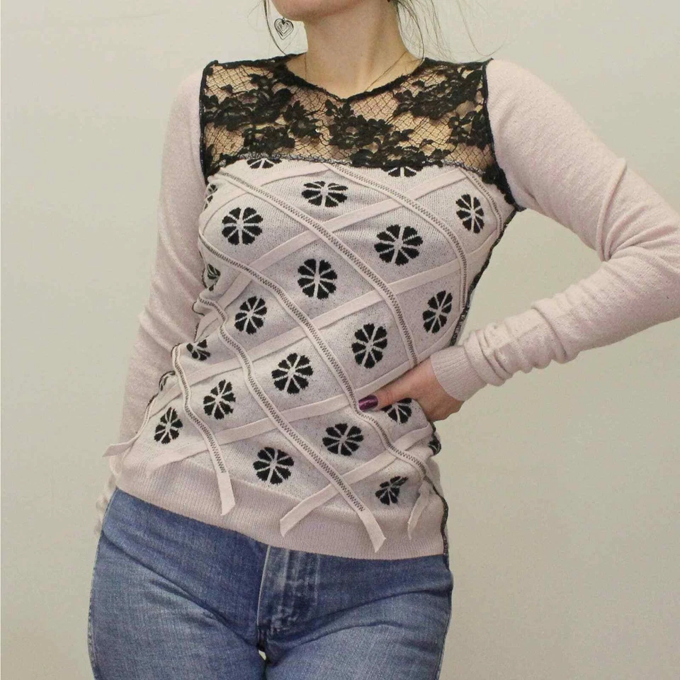 Suéter Nina Ricci lilás floral treliça com top de renda - Imagem 3 de 4