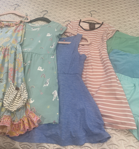 7 Piece Lot of Girls Dresses/Skorts/Shorts Size 6-7 Green/Blue/Pink - Picture 2 of 24