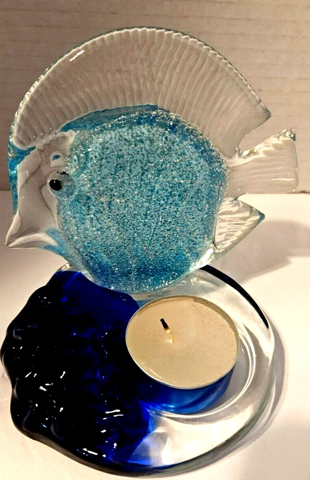 Castiçal votivo oceano peixe azul água e transparente vidro, soprado à mão. Marinha. - Imagem 2 de 4