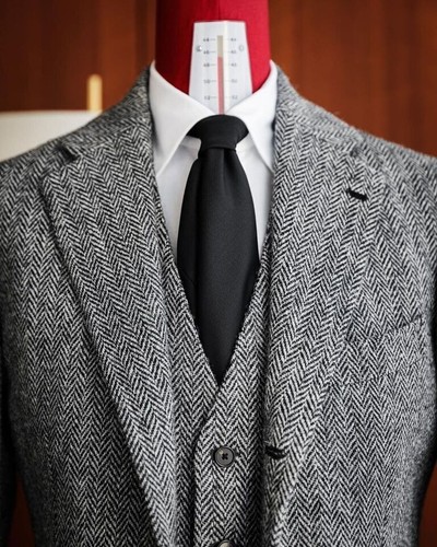 Men's Suit Gray Wool Herringbone Check Tweed Prom Groom Tuxedo Wedding 3 Piece - Picture 2 of 11