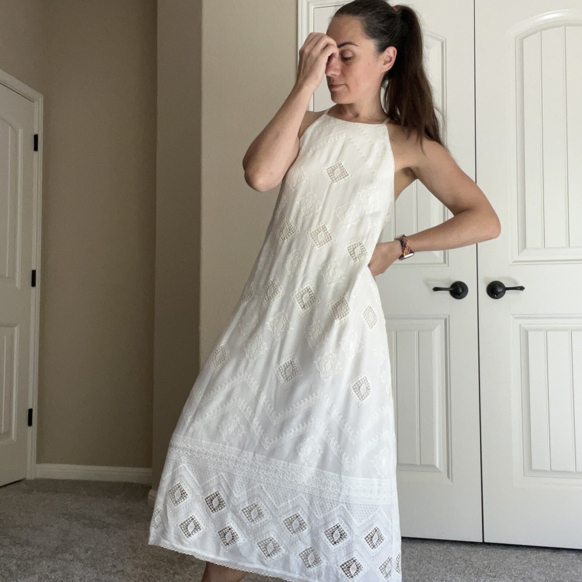 COREY Lynn Calter Cream White Embroidered Lace Halter Sleeveless Midi Dress, S COREY Lynn Calter Cream White Embroidered Lace Halter Sleeveless Midi Dress, S