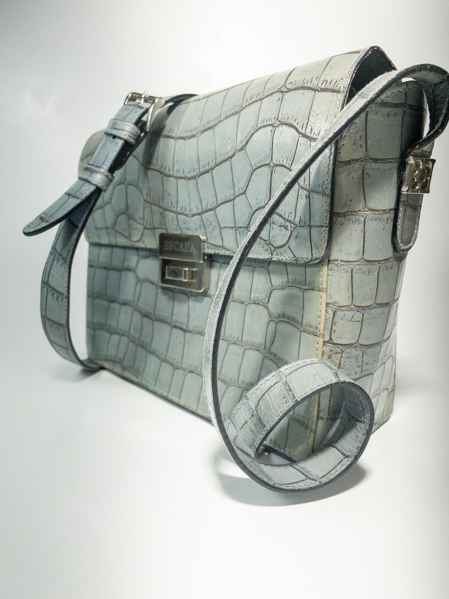 エスカーダ カバン Vintage 90s ESCADA Grey Blue Croc Embossed Leather Crossbody