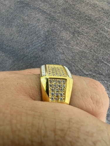 Mens Real 14k Gold Plated Solid 925 Sterling Silver Iced CZ Ring Hip Hop Cuban - Picture 3 of 4