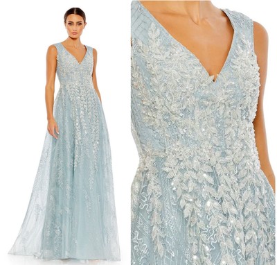 Mac Duggal 20312 Floral Ice Blue Size 8 Embroidered A-line Gown Sleeveless NWT