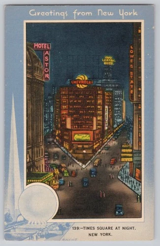 Greetings from New York Times Square at Night Chevy Coca Cola  Vintage Postcard
