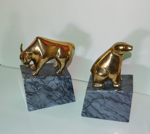 Wall Street Brass Bull & Bear Marble Bookends Great City Traders