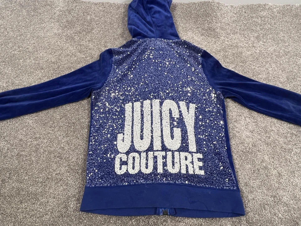 Juicy Couture Hoodie Womens Medium Blue Velour Full Zip Sequin Back Logo Jacket - Image 2 of 4