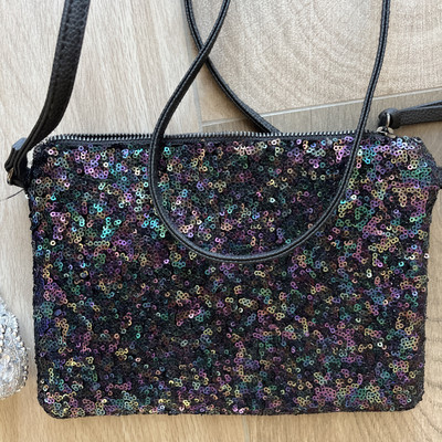 Handtasche Clutch mit Pailletten  Schwarz mit Effekten Reißverschluss Top